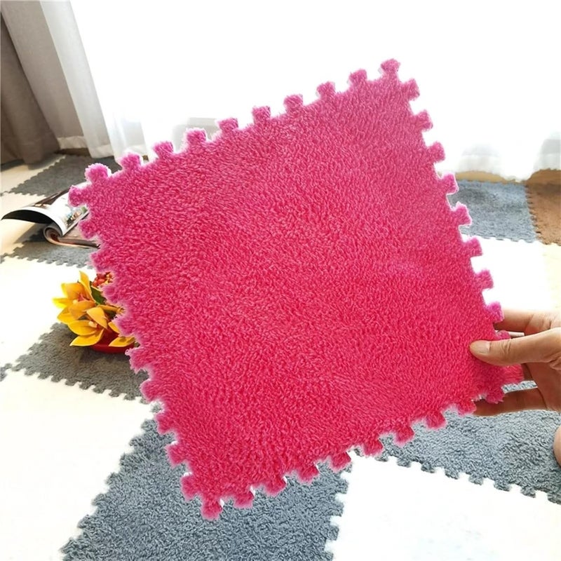 Typutomi 12pcs Plush Puzzle Foam Floor Mat, Soft Thicken Fluffy Interlocking Square Foam Tiles Area Rugs Carpet for Parlor Bedroom Decoration(11.8x11.8x0.55in,Rose Red&Pink) - Image 4